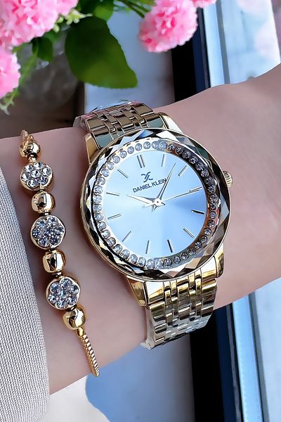Daniel Klein Stoned Cutting Glass Waterproof Women's Wristwatch Gold Color Steel Cord Gift Bracelet Dkby2041C1