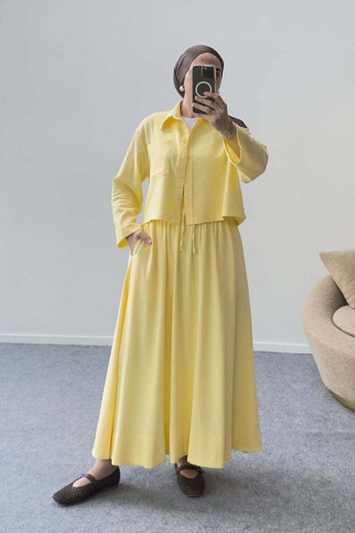 Hatun Atila Double Suit with Short Shirt with Pockets and Skirt with Laces 5214 - Yellow