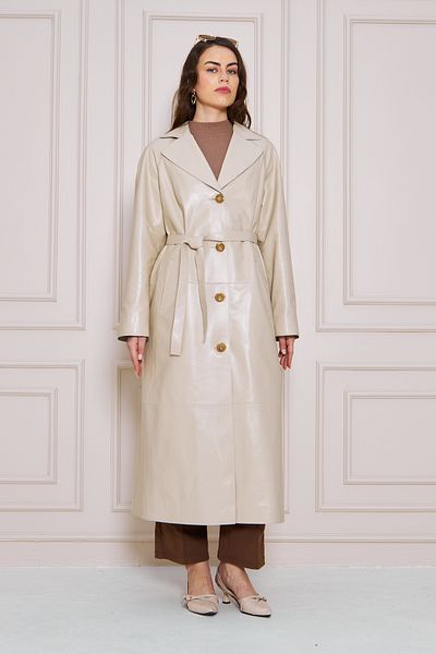 By Marki Marki Women's Genuine Leather Trench Coat – Beige, V-Neck, Belted, Button Closure, Oversize, 120 cm - 117222