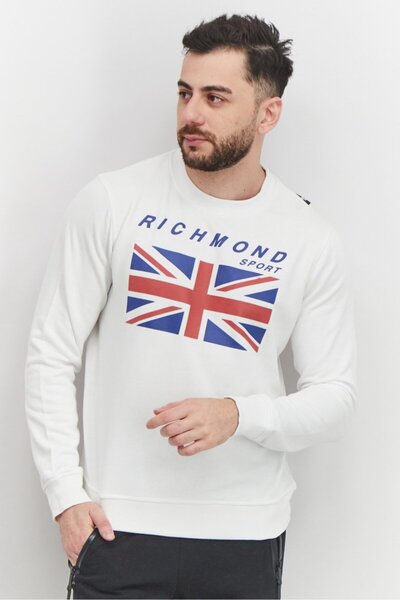 John Richmond Men Sportswear Fit Long Sleeve Training Sweatshirt, White Combo