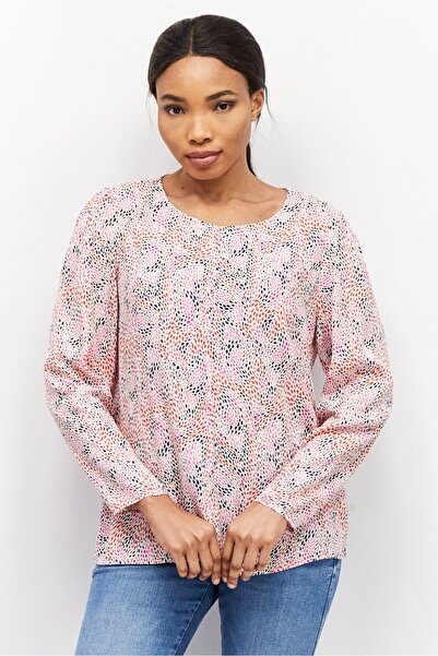 Esprit Women Round Neck Long Sleeves Allover Print Blouse, Pink Combo