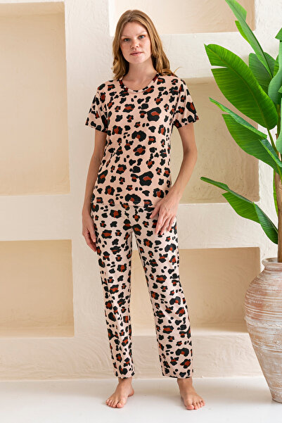 GİYSA Women's Crew Neck Short Sleeve Patterned Pajamas Suit Leopard - 6016