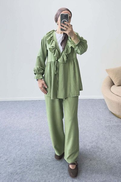 Hatun Atila Ruffle Neck Tie-Up Tunic and Wide Leg Pants Set 8845 - Green