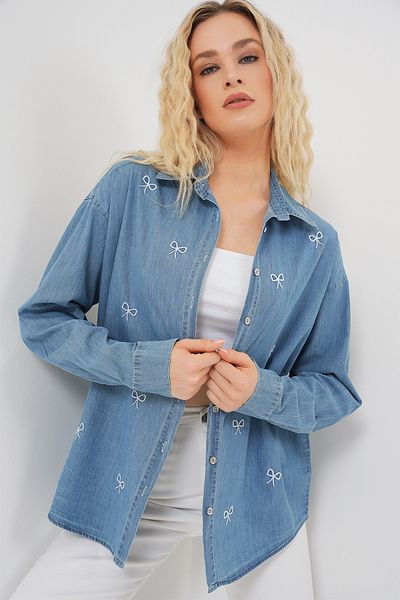 Bigdart Women's Bow Denim Shirt 20329 - Blue