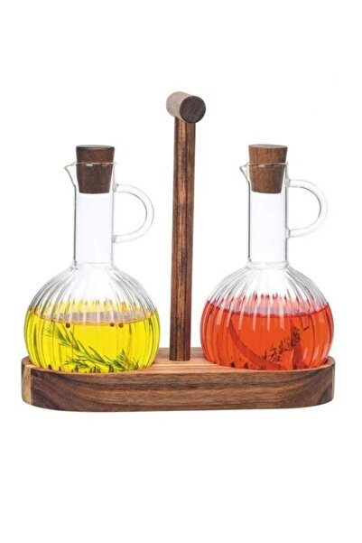 CENGİZ ÇEYİZ Bambu STANDLI 2'li BOROSİLİKAT Cam Zeytinyağı ve Sıvıyağ Şişesi ...