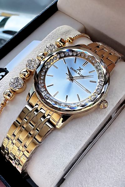Daniel Klein Stoned Cutting Glass Waterproof Women's Wristwatch Gold Color Steel Cord Gift Bracelet Dkby2041C1