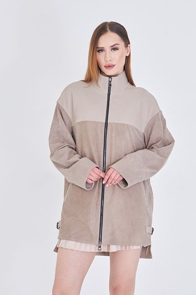 By Marki Marki Women's Beige Genuine Leather Coat – Jumbo & Suede Mix, Oversize Fit, Zippered, 80 cm - 105122