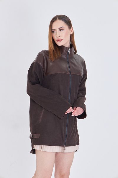By Marki Marki Women's Brown Genuine Leather Coat, Jumbo & Suede Blend, Oversize Fit, Zippered, 80 cm - 105122