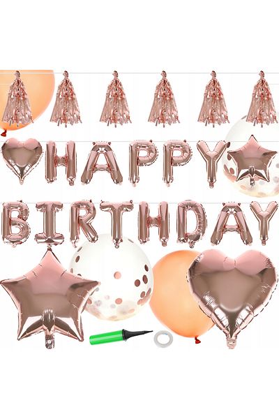 zola Set baloane aniversare, 41 articole, Happy Birthday, pompa, confetii si pompoane , roz, 30 cm