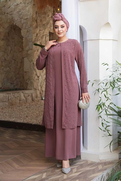 N.S NEVA STYLE Χάντρες Κεντημένο Dusty Rose Hijab Abaya 29120GK