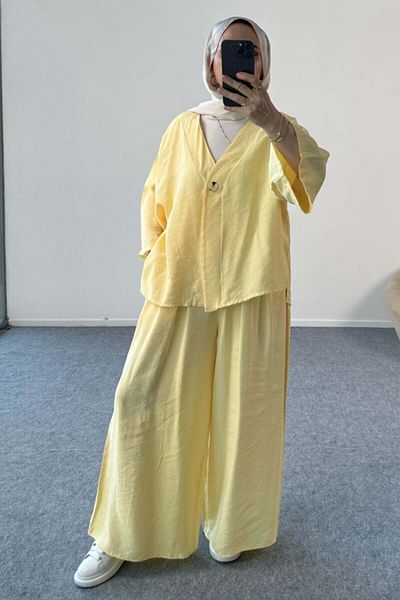 Hatun Atila Buttoned V-Neck Cardigan and Wide-Leg Trousers Double Suit 8852 - Yellow