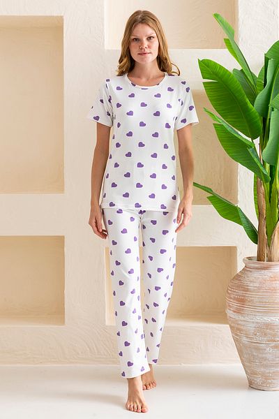 GİYSA Women's Crew Neck Short Sleeve Heart Pattern Pajamas Suit White Purple - 6016