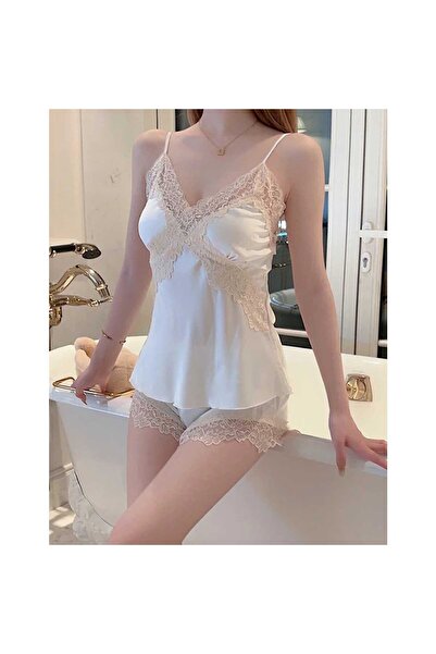 Caprisious Women's Silk Satin with Lace Pajama Set - Elegant Set with Shorts, V-Neck Lace Nightwear