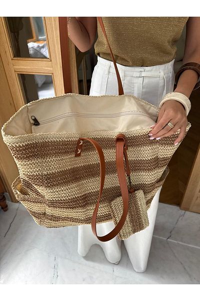 Tina İstanbul Oversize Straw Bag with Pocket Wallet Camel Beige