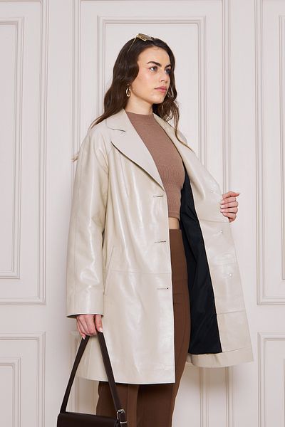 By Marki Marki Women's Genuine Leather Trench Coat – Beige, V-Neck, Belted, Button Closure, Oversize, 90 cm - 117122