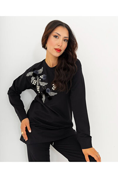 Zafira Conception Zafira Siyah Tesettür Taş ve Nakış Detaylı İkili Eşofman Ta...