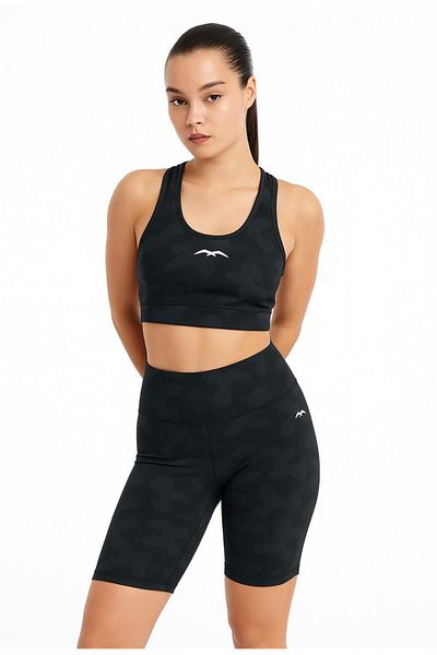 AXXEL Pantaloni scurți negri pentru damă, cu model de camuflaj, cu detaliu de imprimare a costumului B2089-d742-1