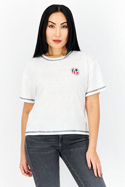 Pepe Jeans تي شيرت نسائي بطبعة جرافيكية بأكمام قصيرة ورقبة دائرية، مجموعة بيضاء