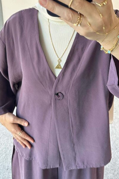 Hatun Atila Düğmeli V Yaka Hırkalı Geniş Paça Pantolonlu İkili Takım 8852 - Mor