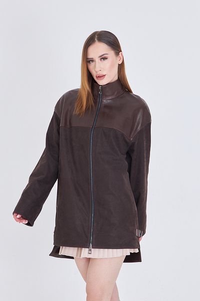 By Marki Marki Women's Brown Genuine Leather Coat, Jumbo & Suede Blend, Oversize Fit, Zippered, 80 cm - 105122