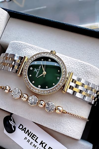 Daniel Klein Stoned Case Waterproof Women Wristwatch Gold Gumus Green Color Steel Cord Gift Bracelet Dkby2042C3