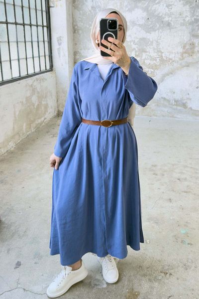 Hatun Atila Guler cămașă, cu toate nasturile, cu detaliu de centură, rochie lungă 5211 - Indigo