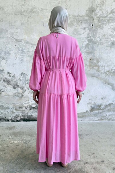 Hatun Atila Μακρύ φόρεμα με δεμένη μέση 8850 - Ροζ