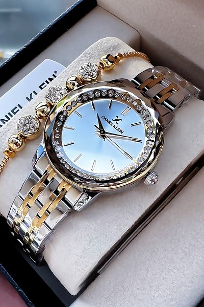 Daniel Klein Stoned Cutout Glass Waterproof Women's Wrist Watch Two Colors Steel Cord Gift Bracelet Dkby2041C2