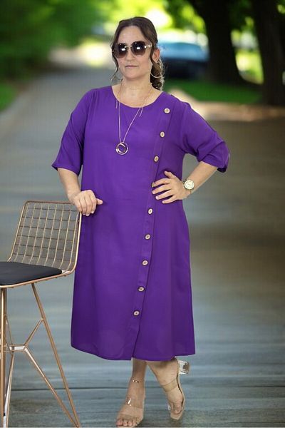 yagmurberen Yandan Wooden Button Detail Pocket Three Quarter Sleeve Cotton Viscose Plus Size Dress