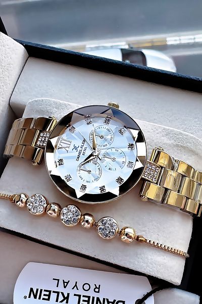 Daniel Klein Original Cutout Glass Waterproof Women Wristwatch Gold Color Steel Cord Gift Wristband Dkby2040C1