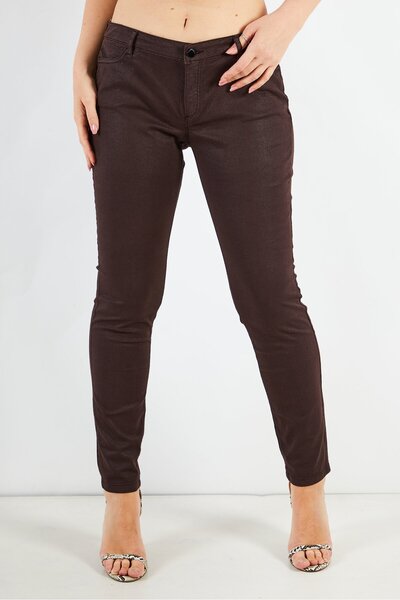 ONE STEP Women Slim Fit Plain Four Pocket Pants, Dark Brown