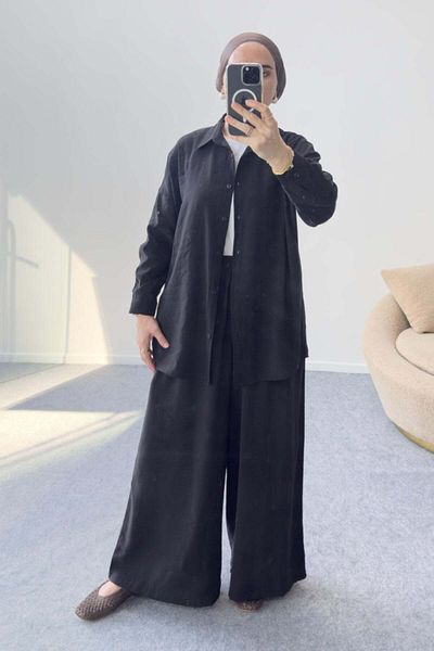 Hatun Atila Modal Fabric Shirt Double Suit 5203 - Black