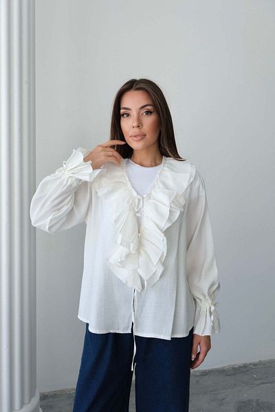 Hatun Atila Long Sleeve Blouse with Ruffle Tie Detail 8834 - White