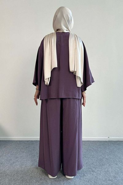 Hatun Atila Buttoned V-Neck Cardigan and Wide-Leg Pants Double Suit 8852 - Purple