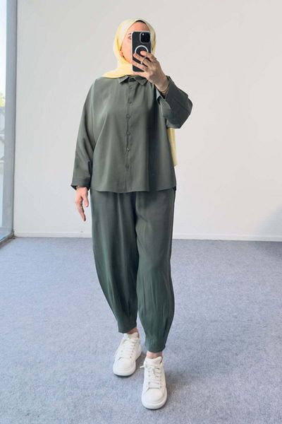 Hatun Atila Modal Fabric Oversize Shirt and Baggy Trousers Double Suit 5210 - Khaki