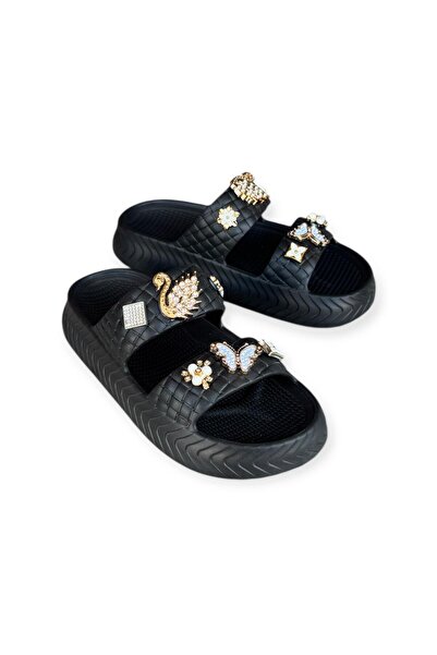 Apella Women's Black Stone Double Band Soft Sole Beach Pool Daily Slippers
