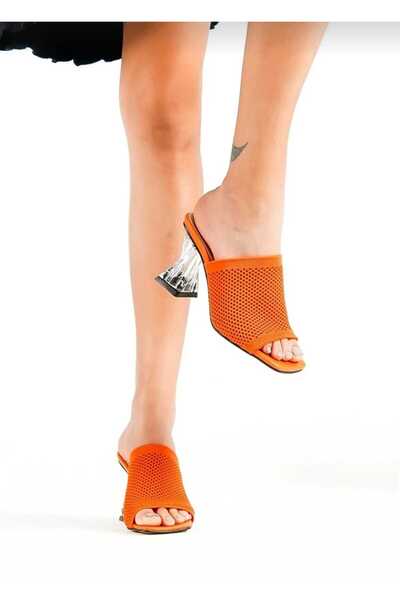 WEBORN Women's Orange Daily Comfortable Transparent Heeled Knitwear Stylish Evening Dress Summer Slippers