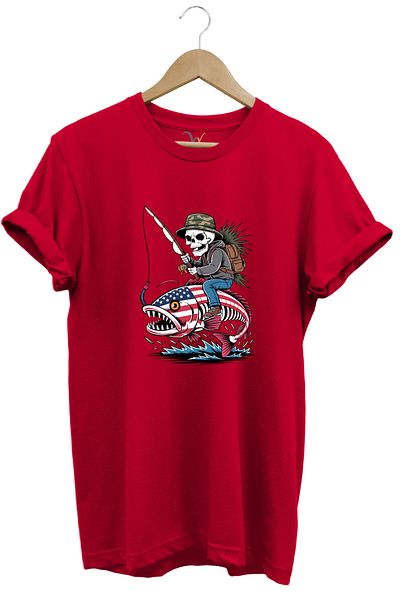WİDİ Fishing Fishing Piranha and Skeleton Design Printed 100% Cotton Regular Fit T-Shirt