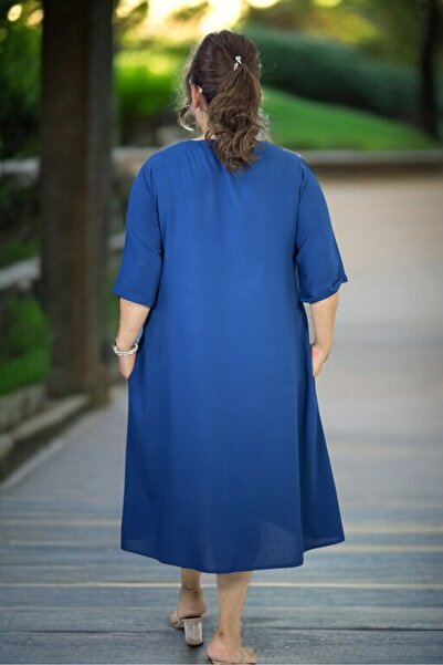 yagmurberen Yandan Wooden Button Detail Pocket Three Quarter Sleeve Cotton Viscose Plus Size Dress