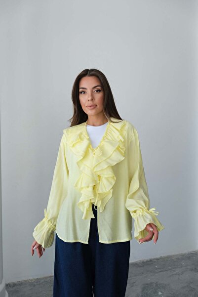 Hatun Atila Μακρυμάνικη μπλούζα με βολάν με λεπτομέρεια δεμένη 8834 - κίτρινο