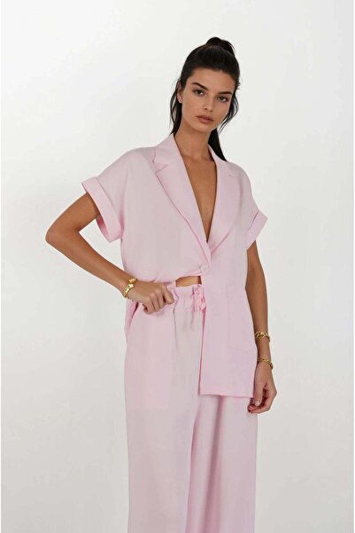 FABB بدلة سترة بنطلون تانسيل بالازو باللون الوردي