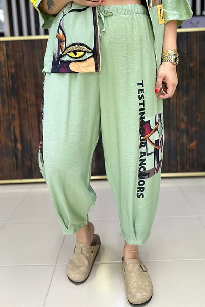 GÖKSEL Linen Patterned Trousers Large Size