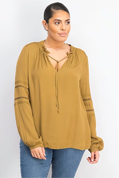 Scotch & Soda بلوزة نسائية بأكمام طويلة وفتحة رقبة مربوطة وحواف مكشكشة، زيتوني