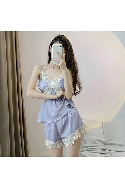 Caprisious Women's Silk Satin with Lace Pajama Set - Elegant Set with Shorts, V-Neck Lace Nightwear