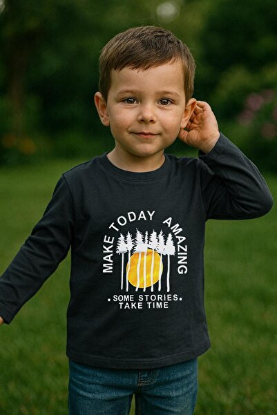 LUESS Erkek Çocuk %100 Pamuk Baskılı Uzun Kollu Tişört - Koyu Gri (3-4 Yaş 8-...