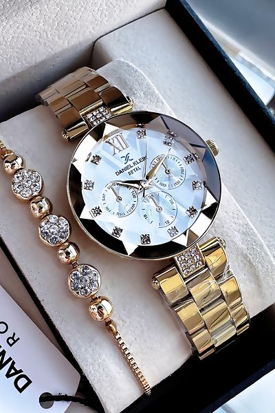 Daniel Klein Original Cutout Glass Waterproof Women Wristwatch Gold Color Steel Cord Gift Wristband Dkby2040C1