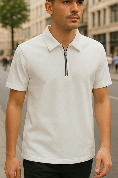 DAMGA JEANS Ανδρικό μπλουζάκι με μισό φερμουάρ Basic λευκό γιακά πόλο