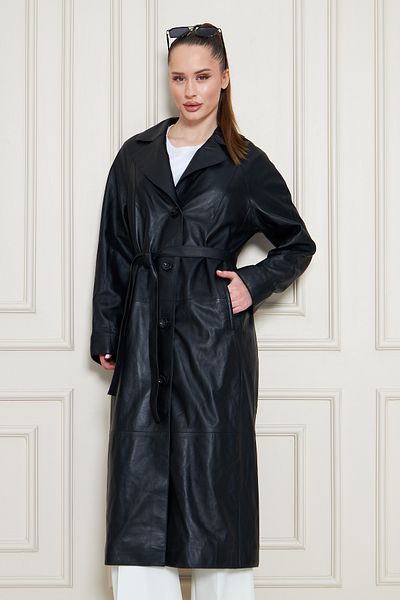By Marki Marki Women's Genuine Leather Trench Coat – Black, V-Neck, Belted, Button Closure, Oversize, 120 cm - 117222