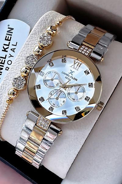Daniel Klein Rhinestone Cutting Glass Waterproof Women Wristwatch Gold Color Steel Band Gift Bangle Dkby2038C1