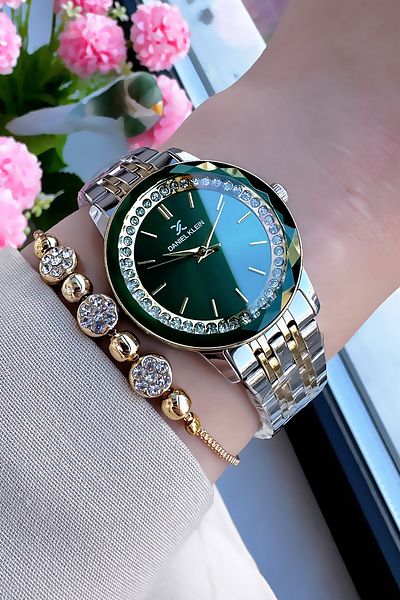 Daniel Klein Stoned Cutting Glass Waterproof Women Wristwatch Two Colors Steel Cord Gift Bracelet Dkby2041C3